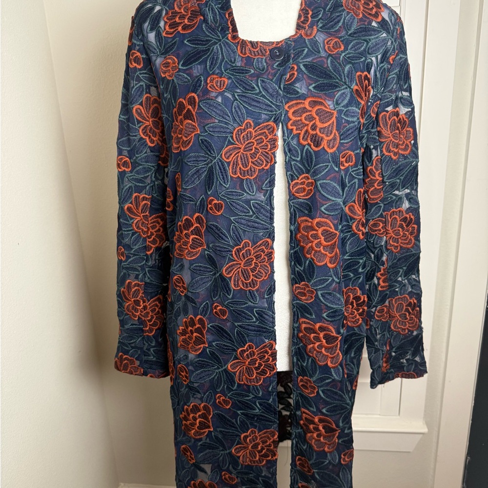 DRIFTWOOD Blue and Orange Embroidered Floral pattern Mesh coat  size M